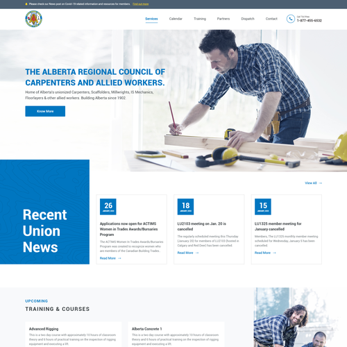 Course website with the title 'Alberta Carpenter's Training Website Re-Design'