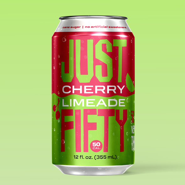 Beverage label with the title 'Cherry Limeade Can Design – Just Fifty Beverage Packaging'