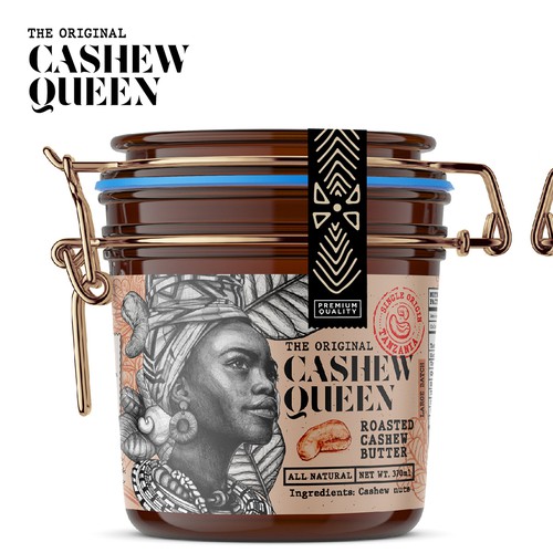 Hand-drawn packaging with the title 'The Original Cashew Queen'