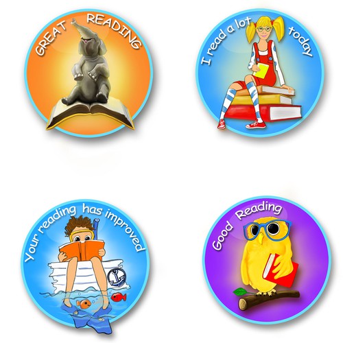 Circle artwork with the title 'Illustrated reading themed images for children's stickers'