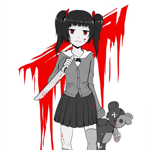 Japanese artwork with the title 'Graphic of Little japanese girl with bloody knife in one hand, a teddybear in the other'