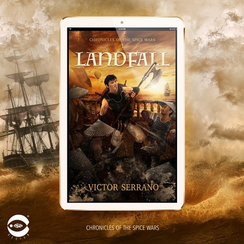 Adventure book cover with the title 'eBook cover for "Landfall" by Victor Serrano'