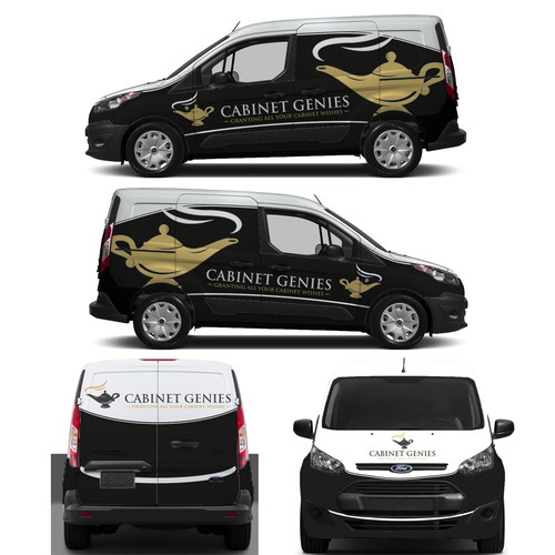 Two-tone design with the title 'Cabinet Genies Needs a New Wrap'