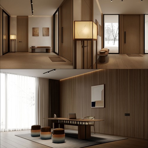 CGI design with the title 'Photorealistic CGI Rendering - Luxury Villa Interiors'