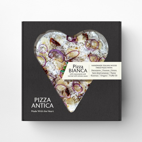Black packaging with the title 'Handmade pizzas for retail'