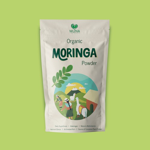 Superfood packaging with the title 'Packaging Design for Moringa Powder Super Green | Superfood | Organic'