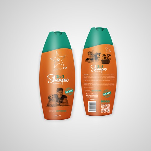 Dog label with the title 'Packaging for Famous Pet Shampoo'