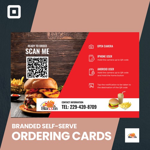 Burger design with the title 'Branded Self-Serve Ordering Cards - Blazzin Burgers Fries & Shakes'