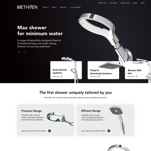 Product page design with the title 'Home page for Methven company'