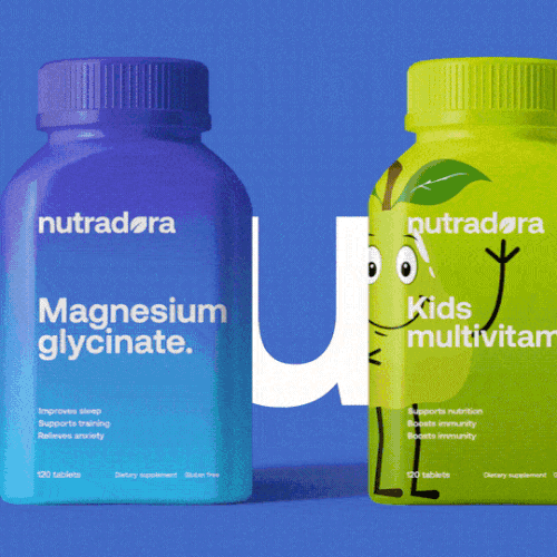 Blue brand with the title 'Nutradora Logo, Branding and Packaging Development'