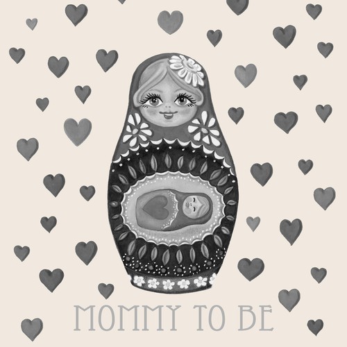 Doll design with the title 'Black & White  Matyroshka printdesign for a canvas bag.'