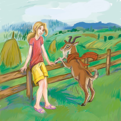 Story artwork with the title 'Angus the goat, children book illustration'