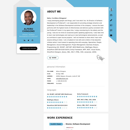 CV design with the title 'Profile Page for Mr. Alfero'
