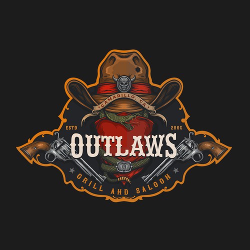 Grill design with the title 'Outlaws Grill and Saloon AVAILABLE FOR SALE'