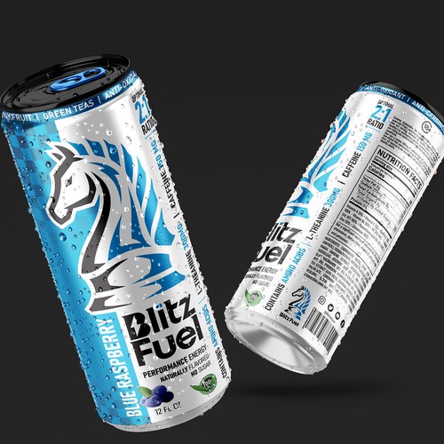 Energy drink packaging with the title 'BlitzFuel Energy Drink'