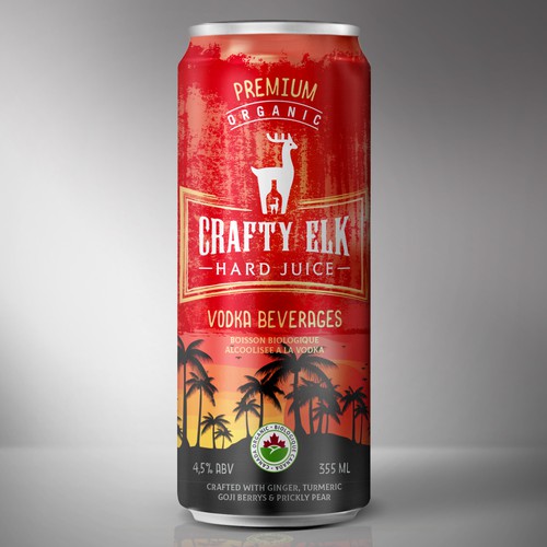 Package label with the title 'Organic Crafty Elk Vodka '