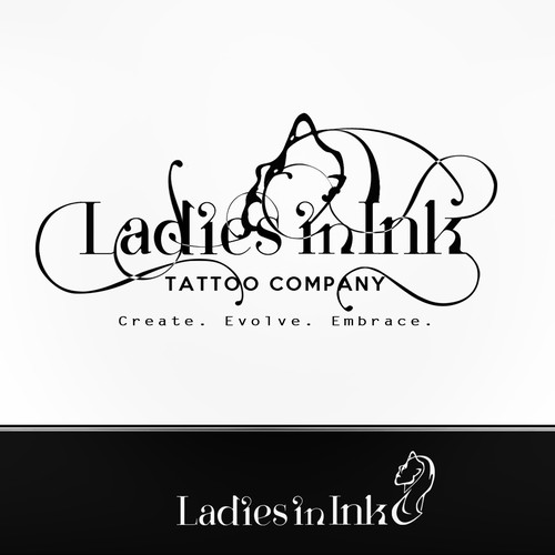 Woman face logo with the title 'Help brand "ladies in ink, inc." Revolutionize the fastest growing industry in the world!'