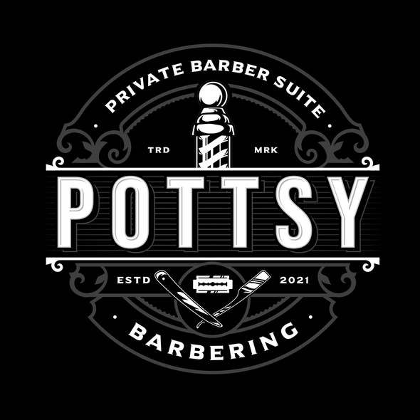 Barber pole logo with the title 'Pottsy Barbering'