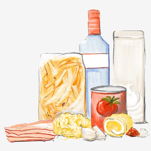 Pencil artwork with the title 'Penne Alla Vodka Recipe'