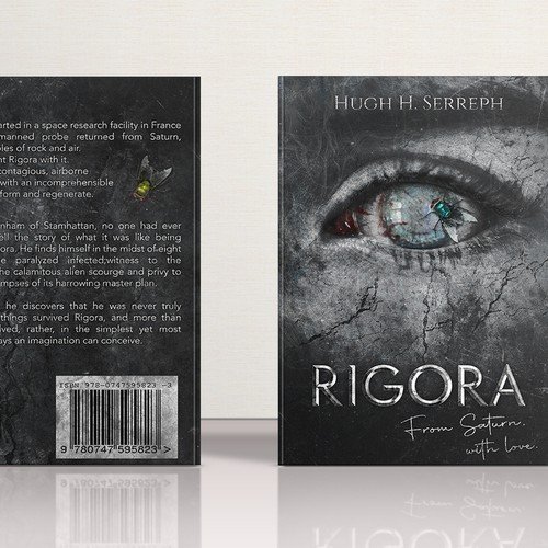 Alien book cover with the title 'Awesome and Creepy Book Cover Design for "Rigora" '