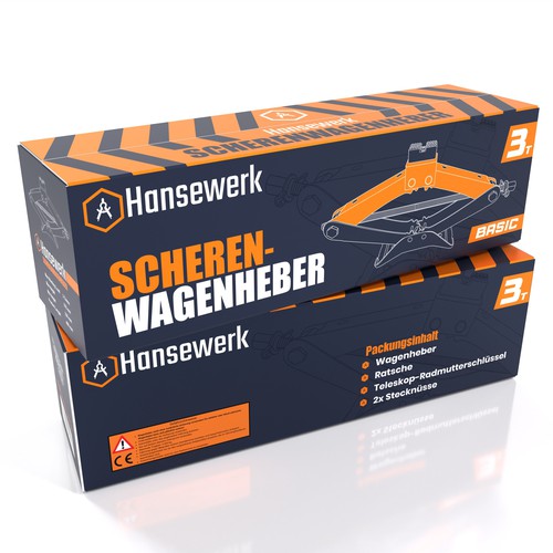 Car packaging with the title 'Minimalist, Masculine & Modern Package Design for Scissor Jack Tool'