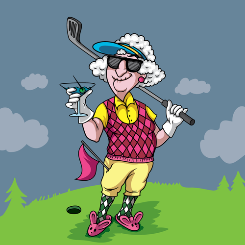 Pen design with the title 'granny golfer illustration '