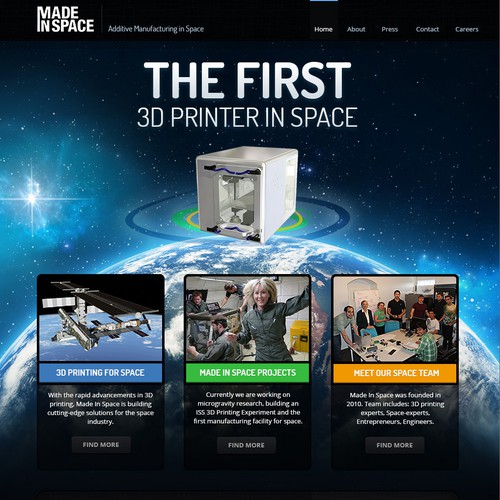 Homepage website with the title 'Website design for Made in Space'