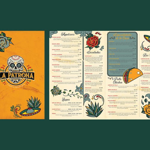 Sugar skull design with the title 'Old School Art Design for a Mexican Restaurant'