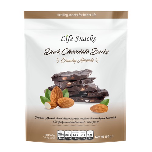 Chocolate bar design with the title 'Life Snacks Crunchy Almond bar'