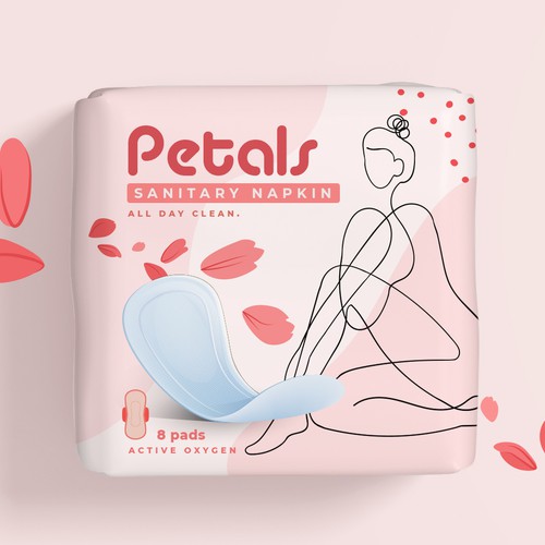 Pink packaging with the title 'Petals | Sanitary napkin'