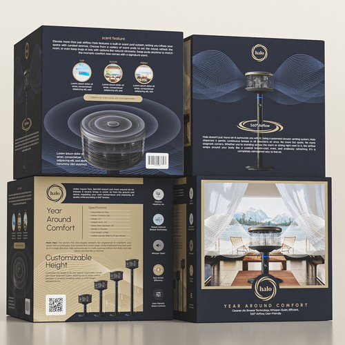 Fan design with the title 'Luxury Packaging for HALO – A Revolutionary Smart Fan That Feels Like Nature'