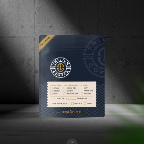 Coffee packaging with the title 'Trivium Coffee Sample Bag'