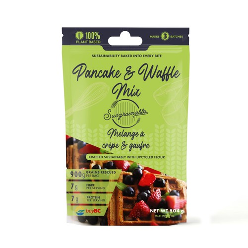 Amazon packaging with the title 'Pancake waffle mix plant-Based and Sustainable for susgrainable'