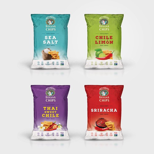 Bright packaging with the title 'Package design for Melinda's Banana Chips'