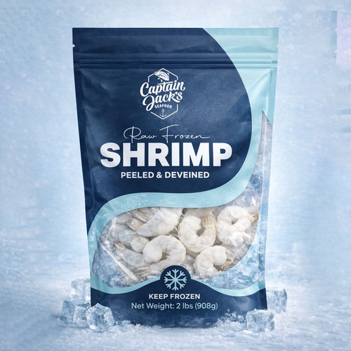 Pouch packaging with the title 'Frozen Shrimp Packaging Design | Clean, Fresh & Premium Look'