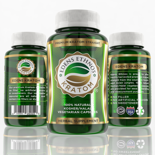 Transparent design with the title 'Edens Ethnos Kratom label design'