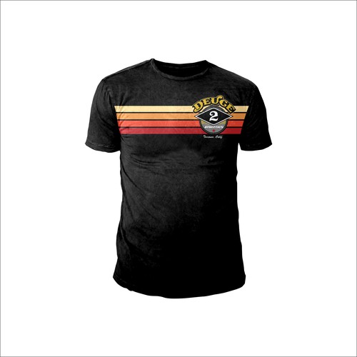 Colorful t-shirt with the title 'DEUCE Sunset'