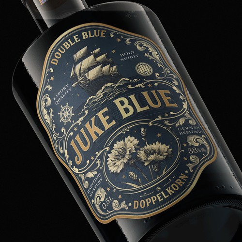 Liquor packaging with the title 'Juke Blue Doppelkorn'