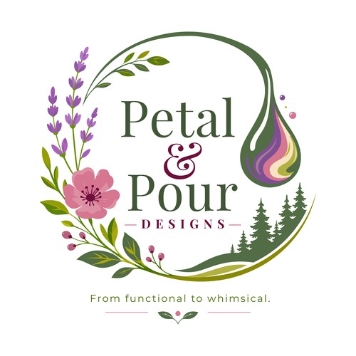 Art logo with the title 'Petal & Pour Designs — Botanical Artisan Logo'