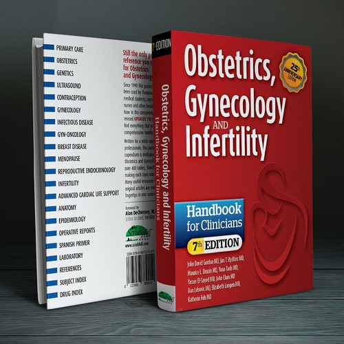 Red book cover with the title 'Obstetrics Book Cover (Winning Design)'