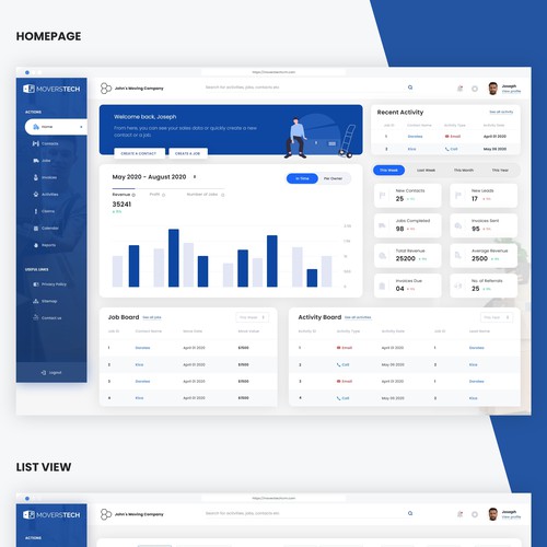 Blue website with the title 'Moverstech CRM Dashboard Design'