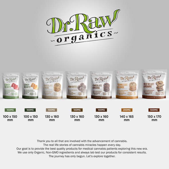Pouch packaging with the title 'PRODUCT PACKAGING FOR DR RAW'