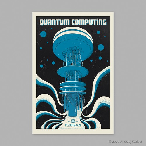 Poster illustration with the title 'Quantum computer poster in vintage style'