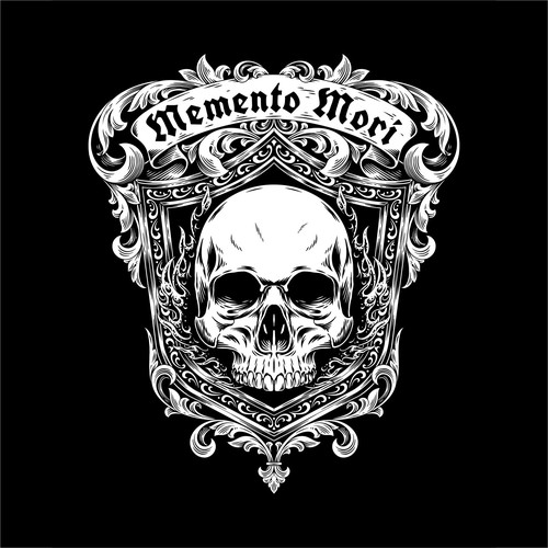 Skull illustration with the title 'Memento Mori Crest'