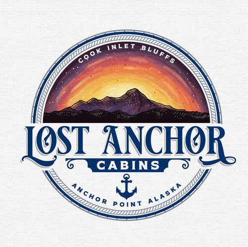 Sunset logo with the title 'Lost Anchor Cabins'