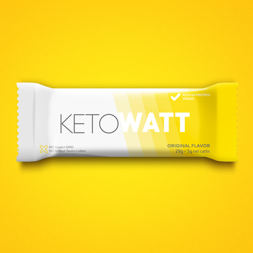 Gradient packaging with the title 'Create a minimalistic powerful nutritional bar's wrapper for KetoWatt'