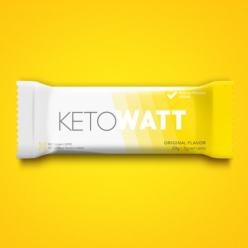Yellow packaging with the title 'Create a minimalistic powerful nutritional bar's wrapper for KetoWatt'