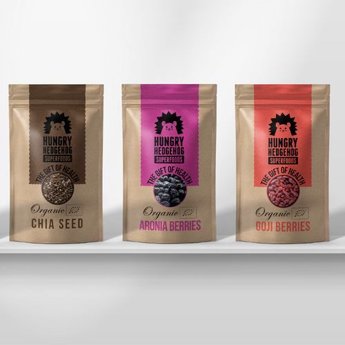 Stand-up pouch packaging with the title 'Packaging design for superfoods'