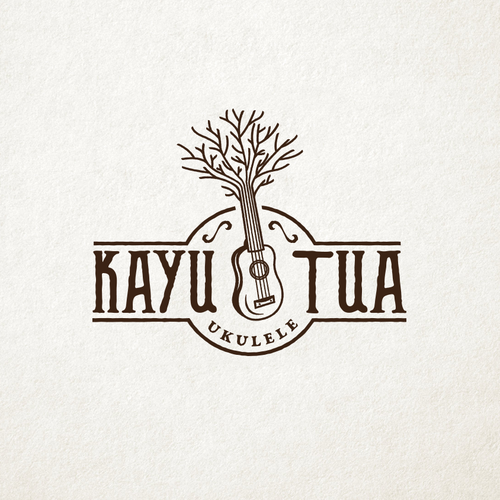 Guitar design with the title '"Old Tree" Ukulele Shop Classic Logo Design'