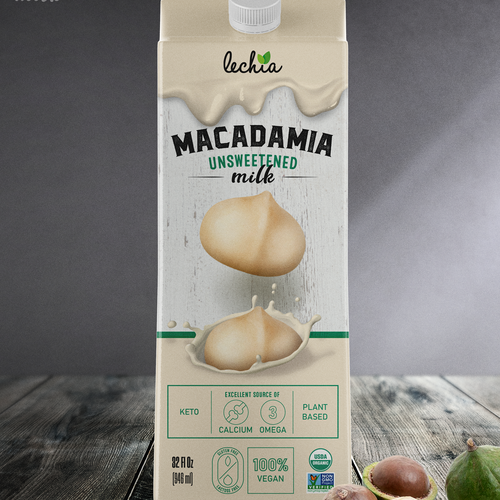 Plant packaging with the title 'Macadamia Milk'